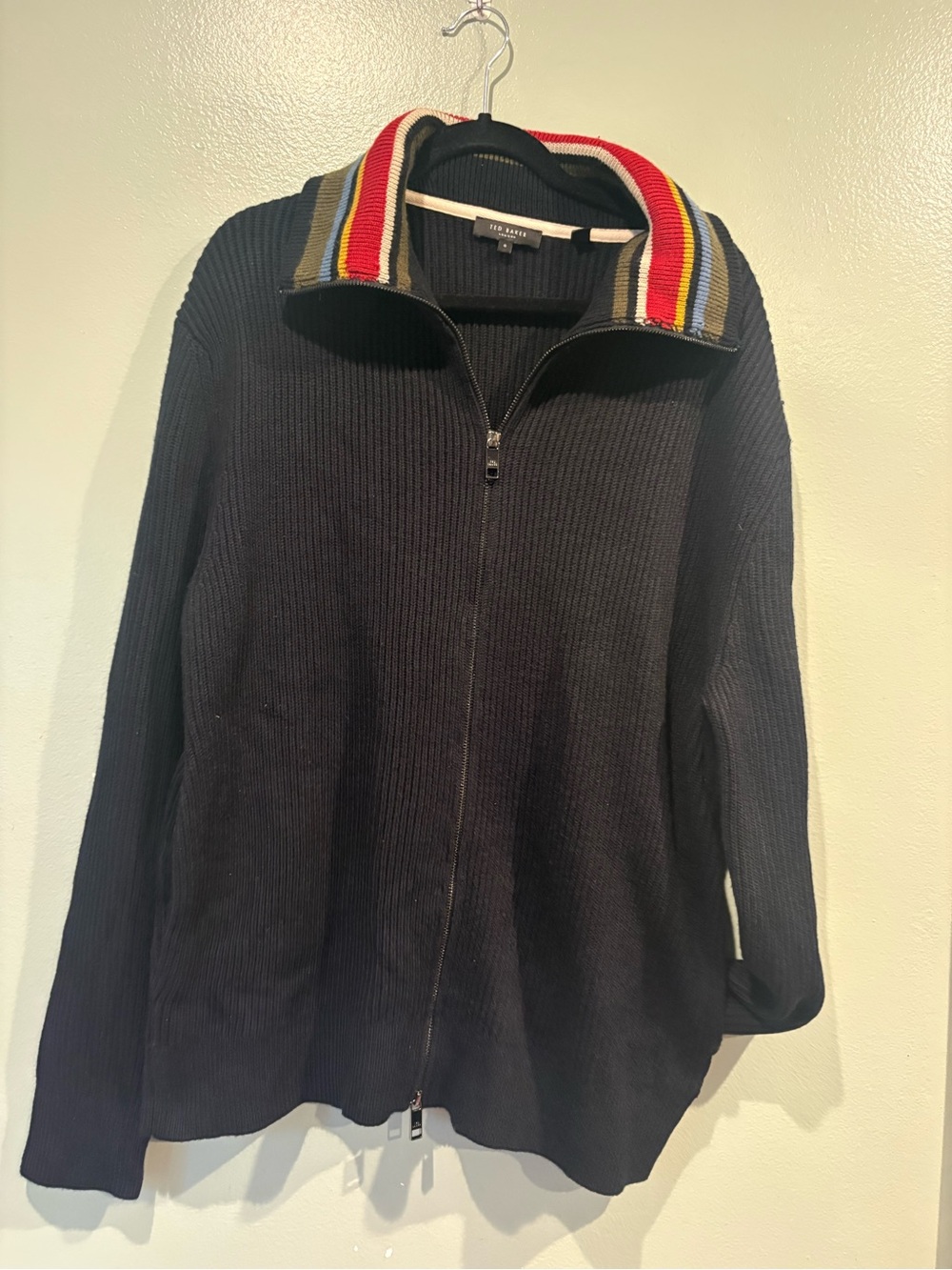 Vintage Ted Baker Navy Ribbed Zip Cardigan with Multicolor Striped Collar